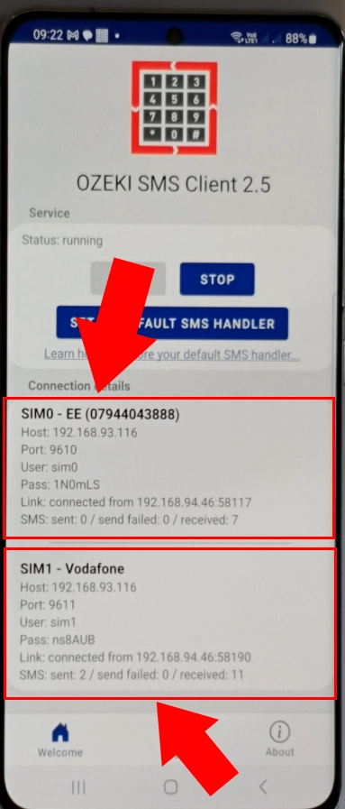SMS Gateway connected to the two SIM cards