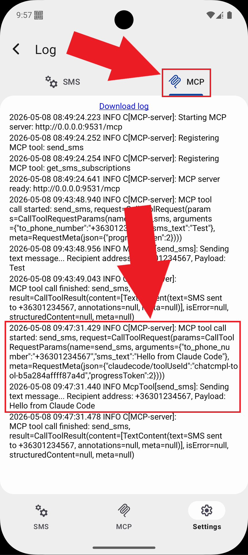 Select MCP tab and view logs