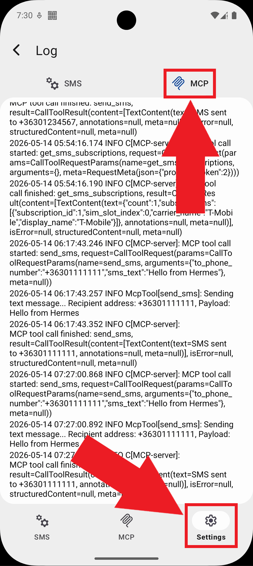 Navigate to gateway MCP logs from settings