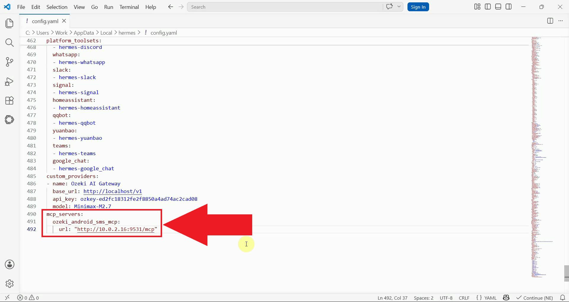 Add Ozeki Android SMS MCP to config