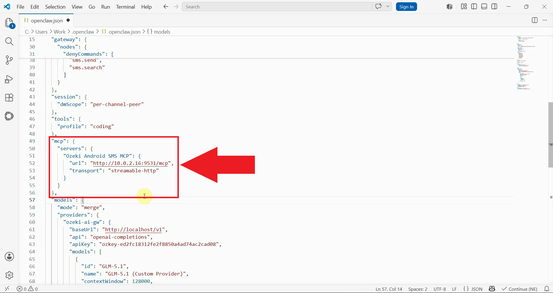 Add Ozeki SMS MCP server to config