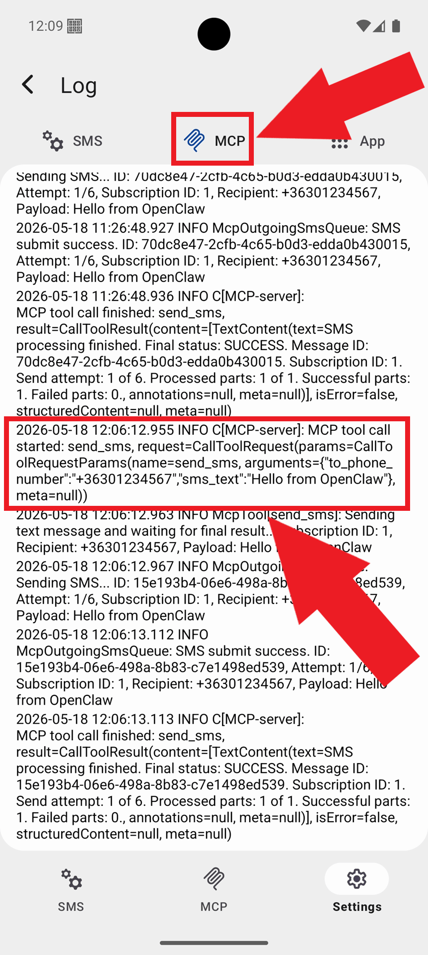 Select MCP tab and view logs