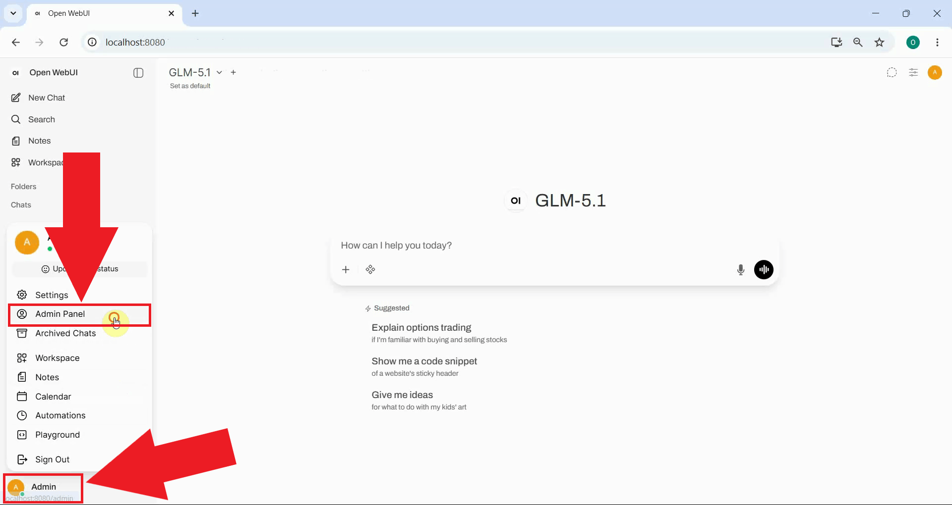 Open Admin Panel in OpenWebUI