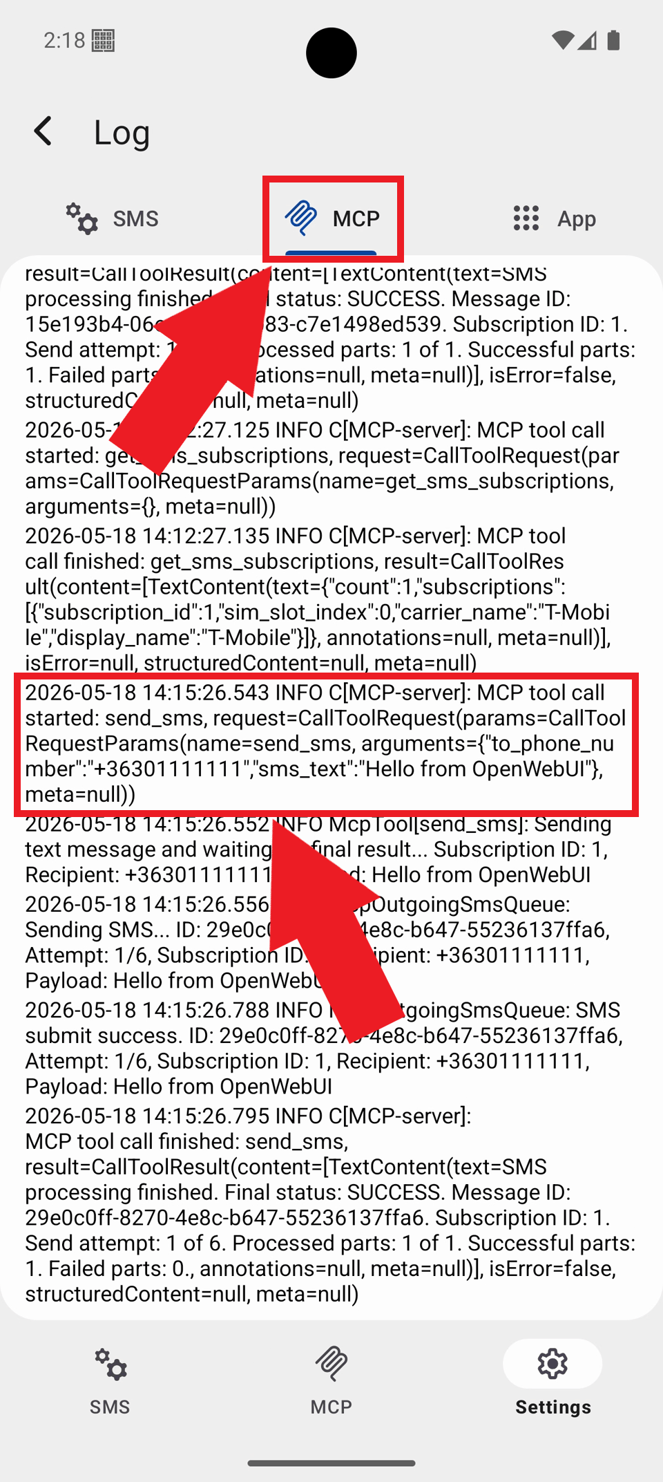 Select MCP tab and view logs