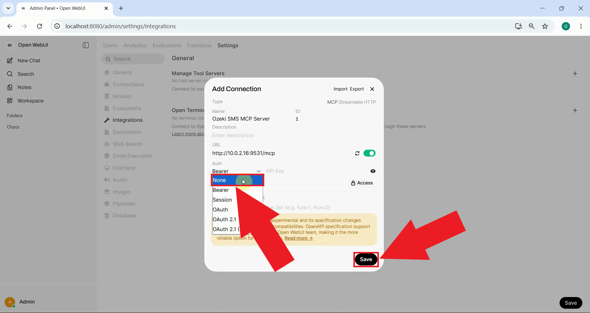 Set auth to None and save connection