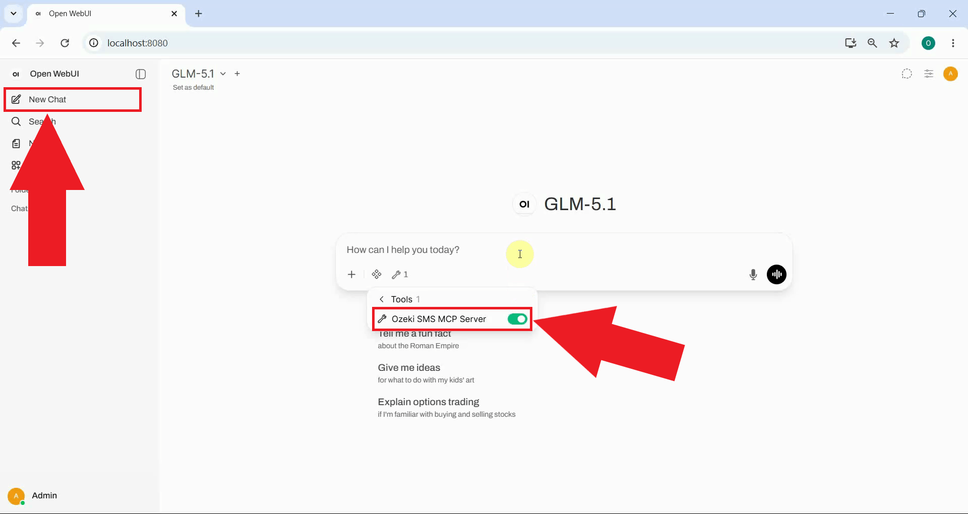 Start a new chat and enable SMS MCP tool