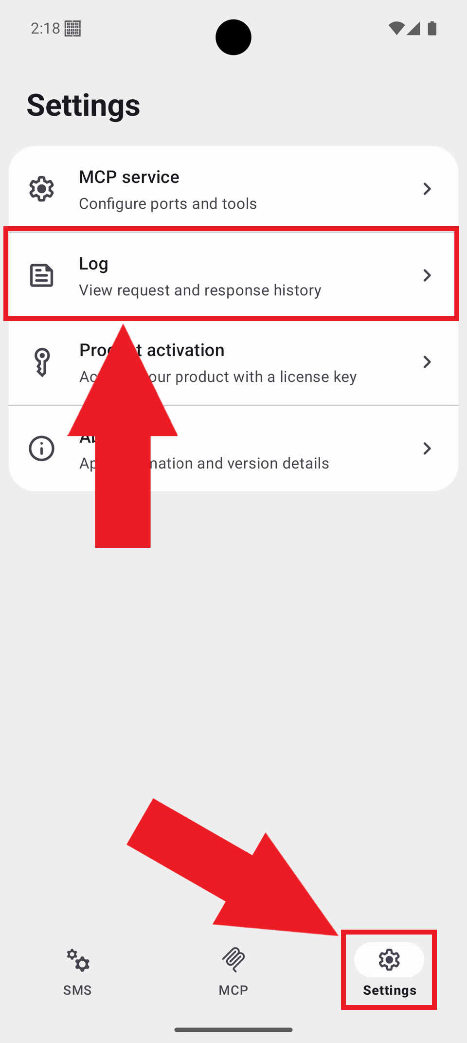 Open logs in gateway settings