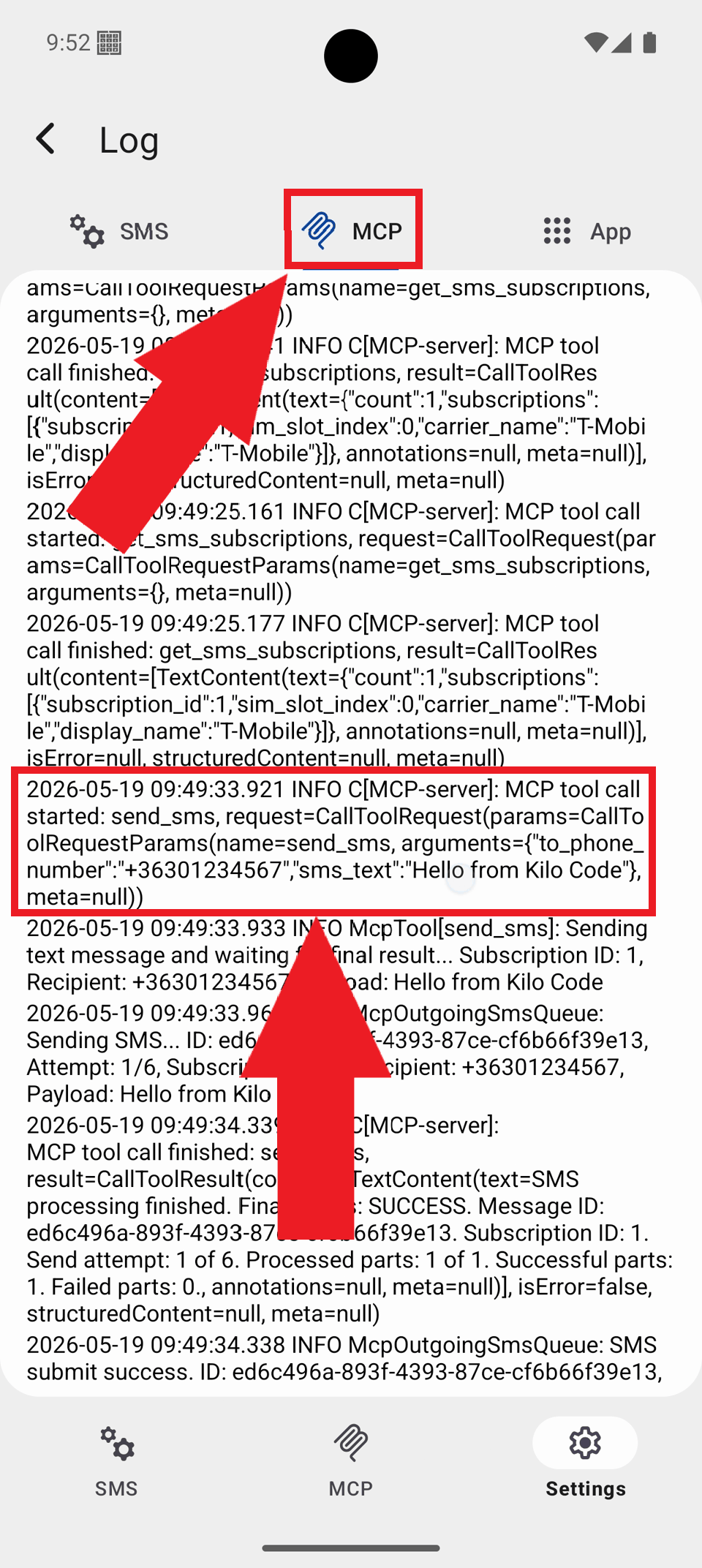 Select MCP tab and view logs