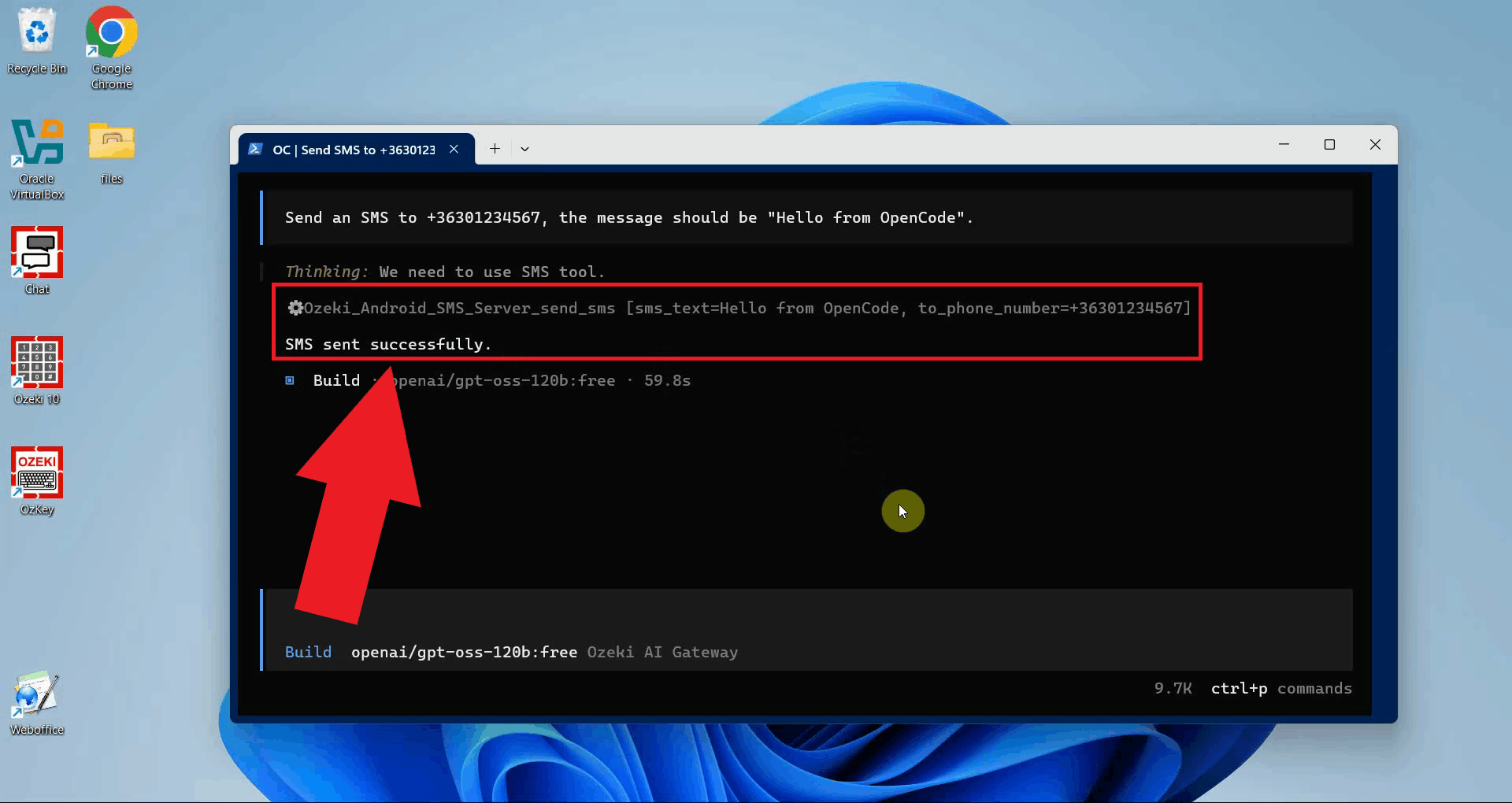 Send SMS tool result