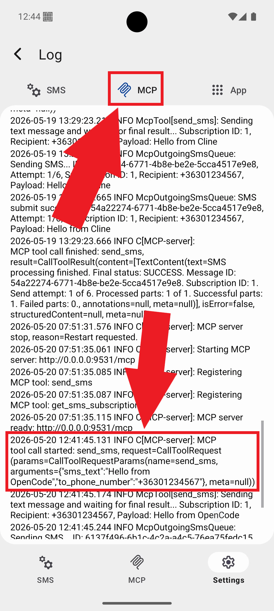 Select MCP tab and view logs