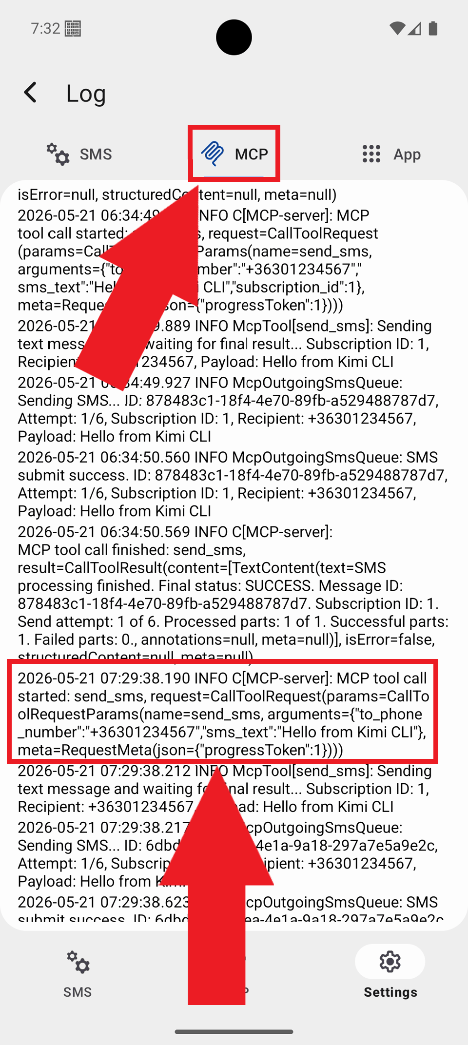 Select MCP tab and view logs