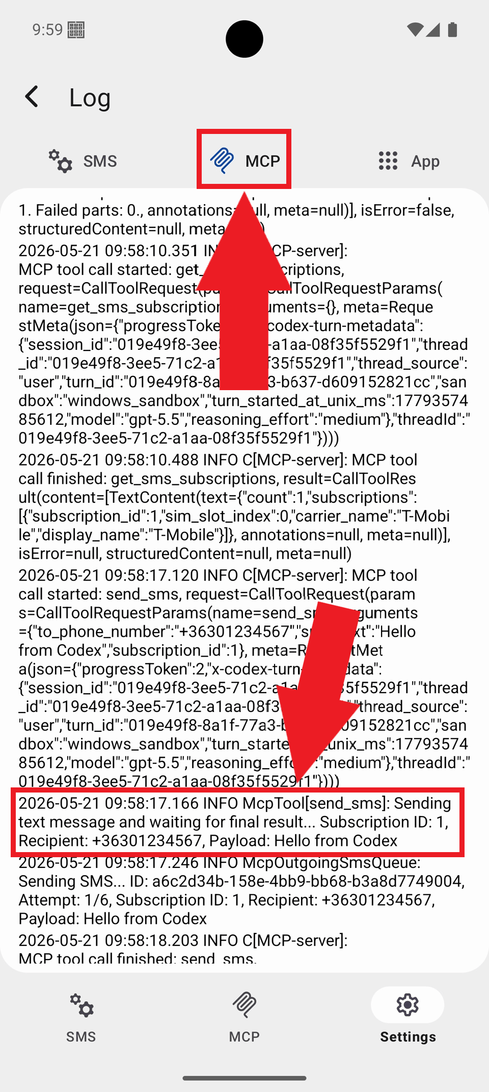 Select MCP tab and view logs