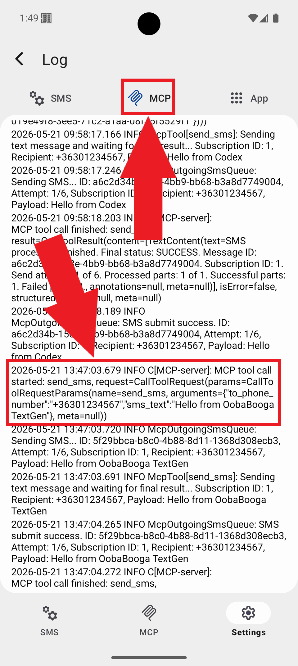 Select MCP tab and view logs