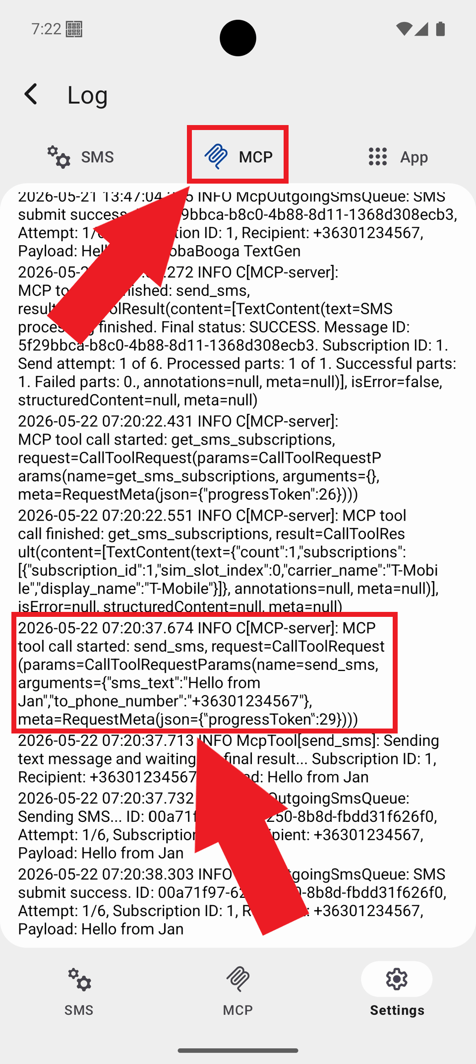 Select MCP tab and view logs