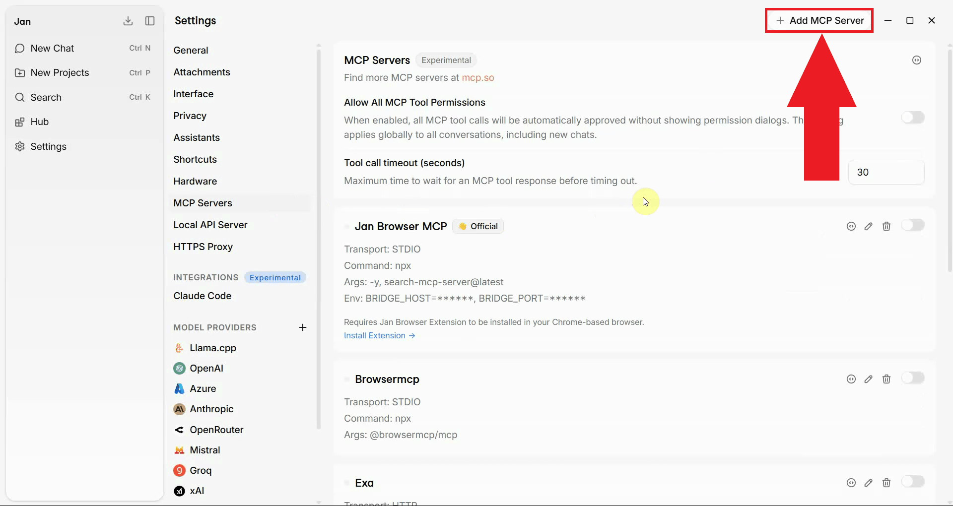 Press Add New MCP Server button