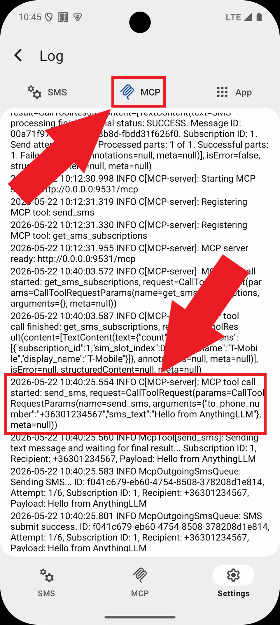 Select MCP tab and view logs