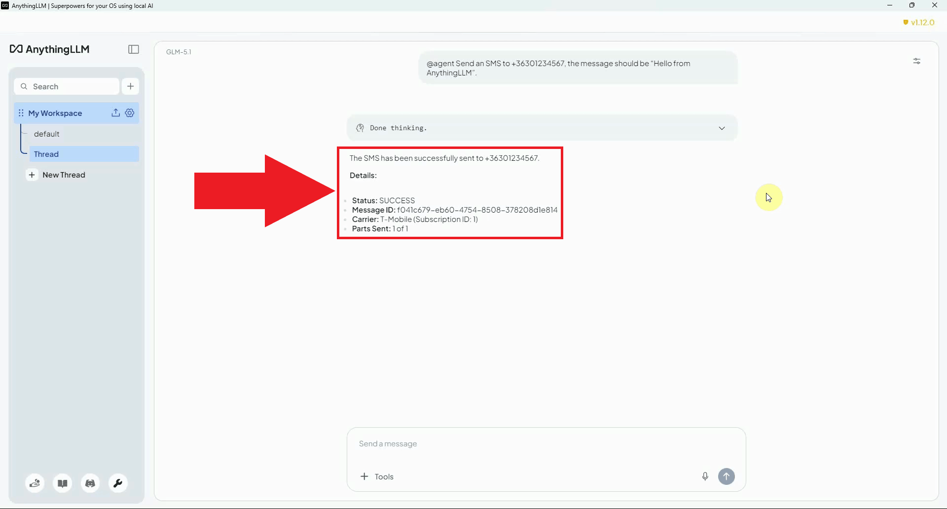 Send SMS tool result