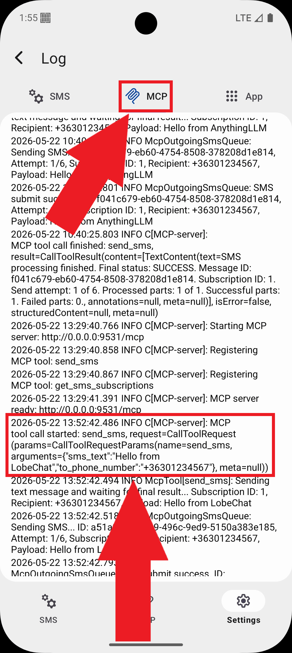 Select MCP tab and view logs