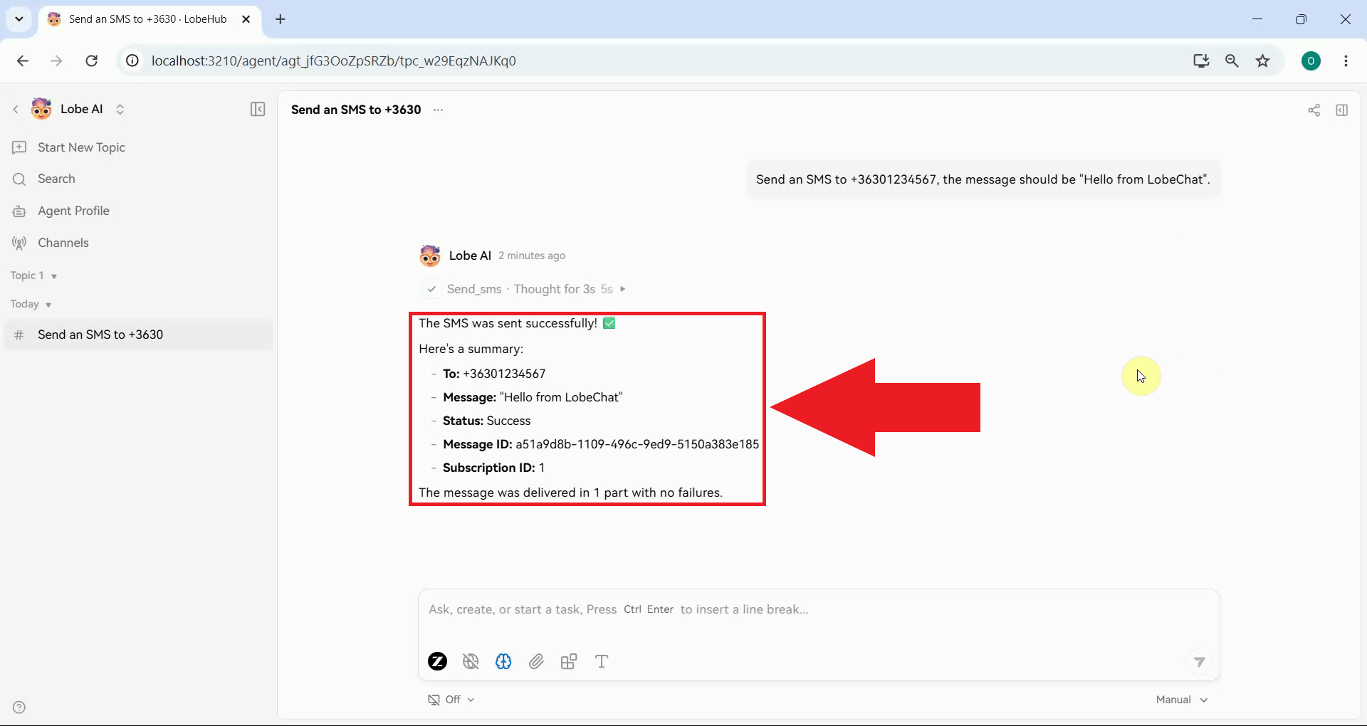 Send SMS tool result