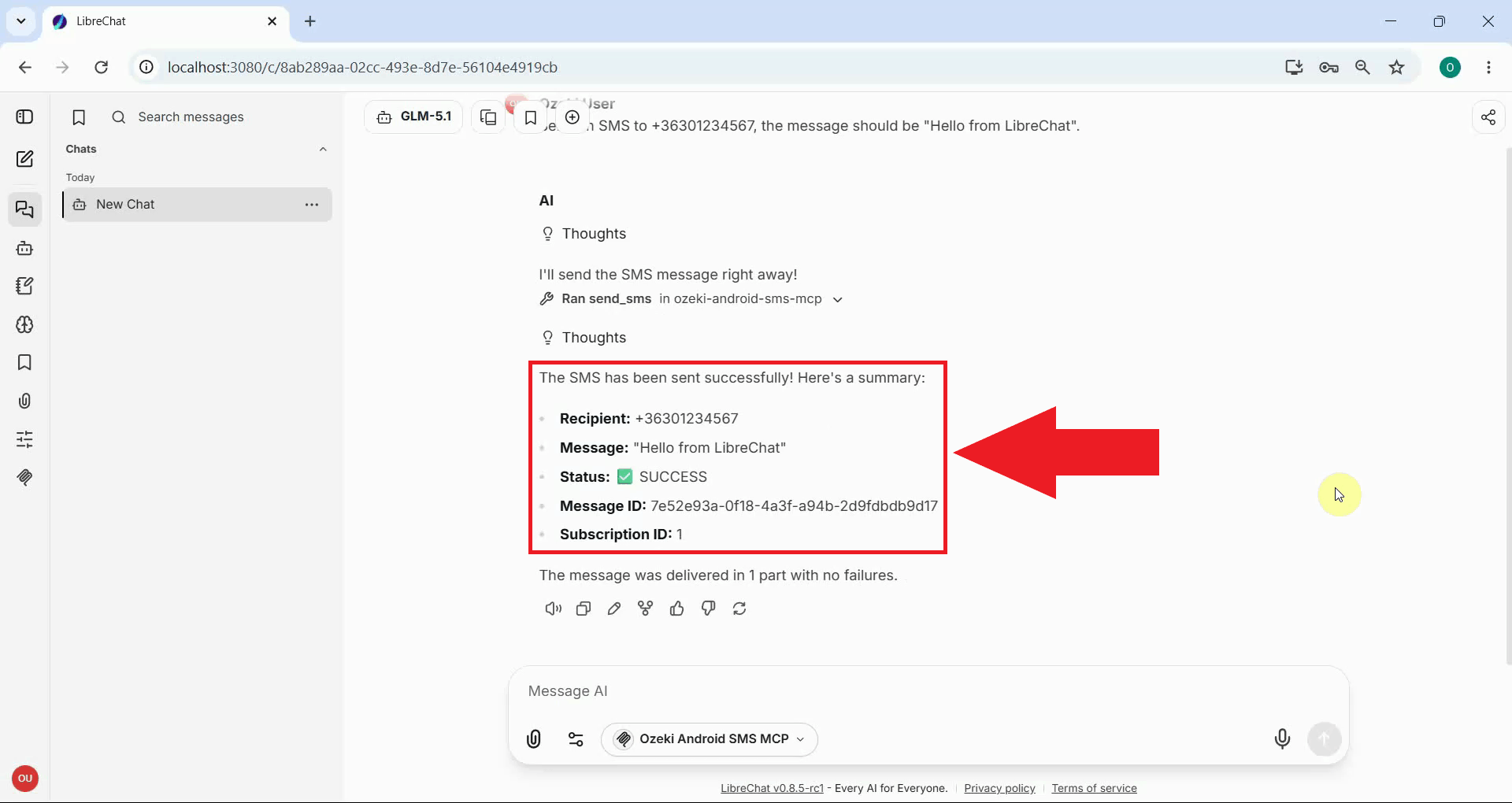 Send SMS tool result