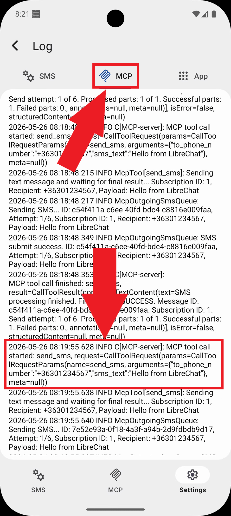 Select MCP tab and view logs