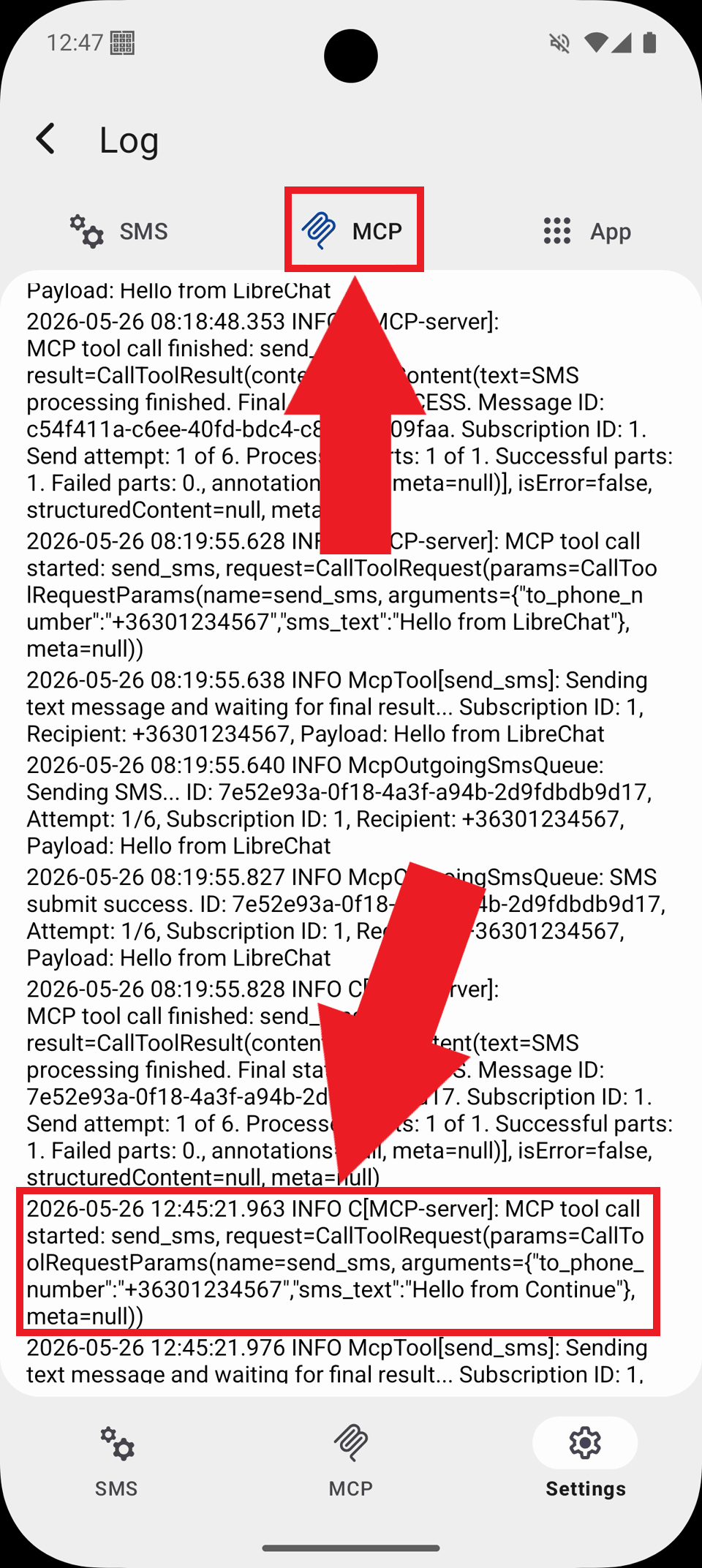 Select MCP tab and view logs
