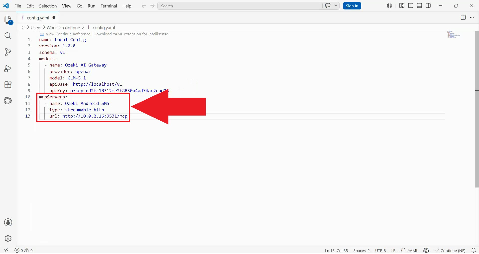 Add Ozeki SMS MCP server to config