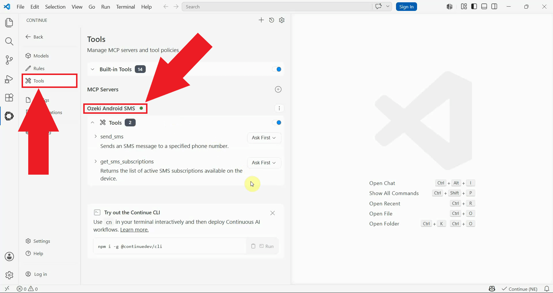 Verify Ozeki SMS MCP connection in tools