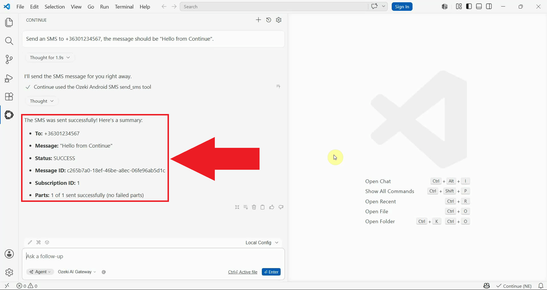Send SMS tool result