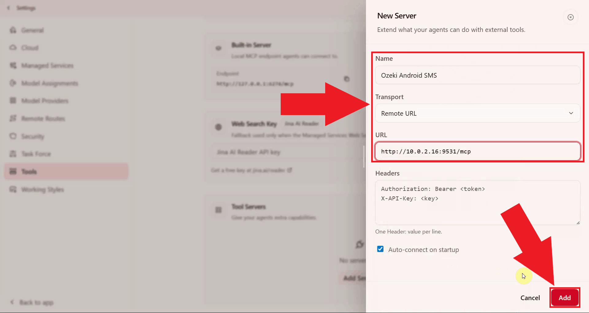 Configure Ozeki Android SMS MCP server