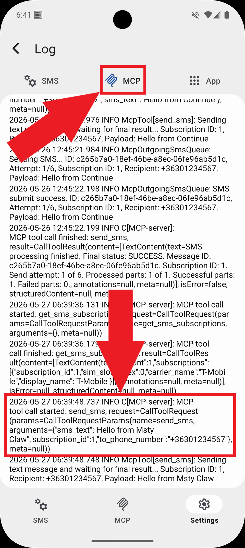 Select MCP tab and view logs
