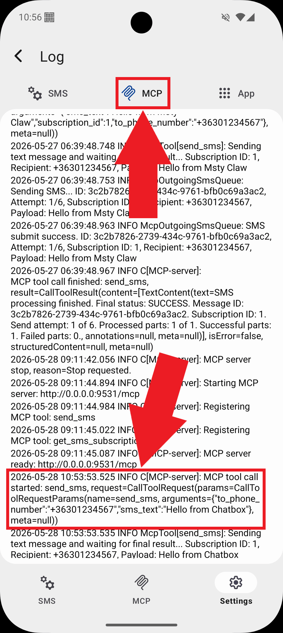 Select MCP tab and view logs