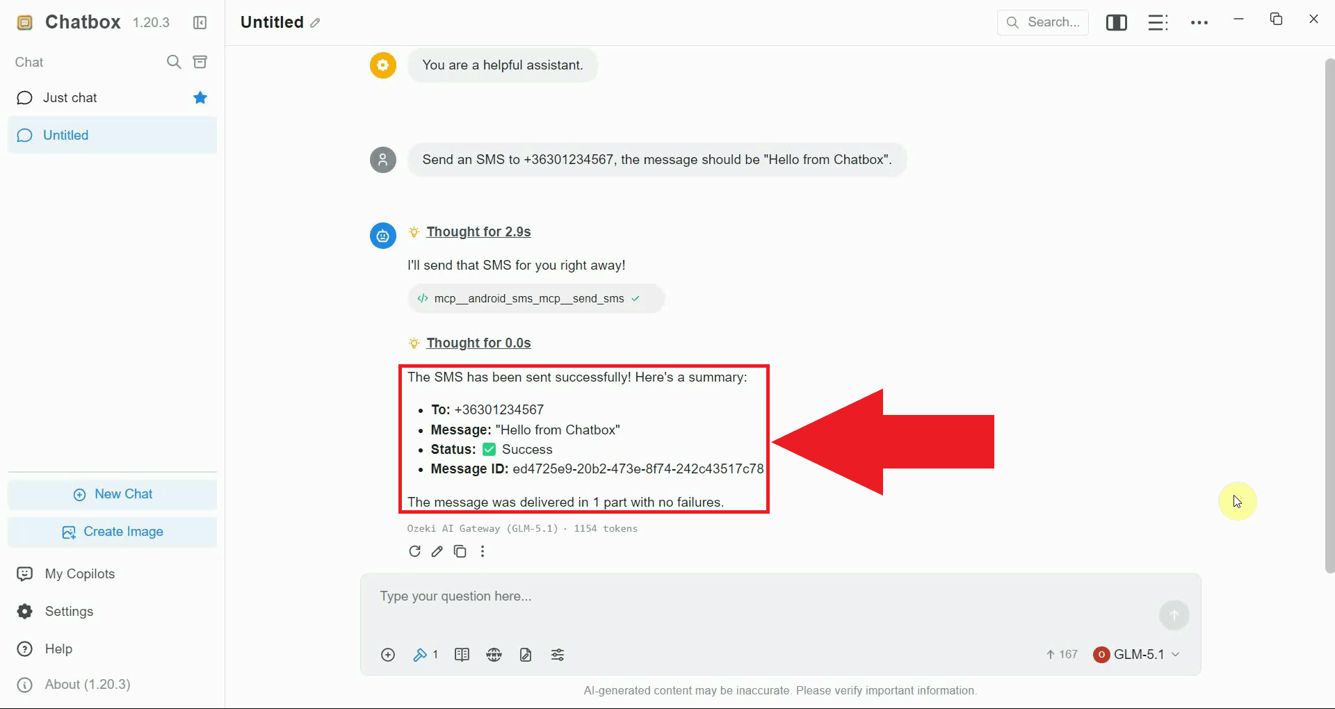 Send SMS tool result