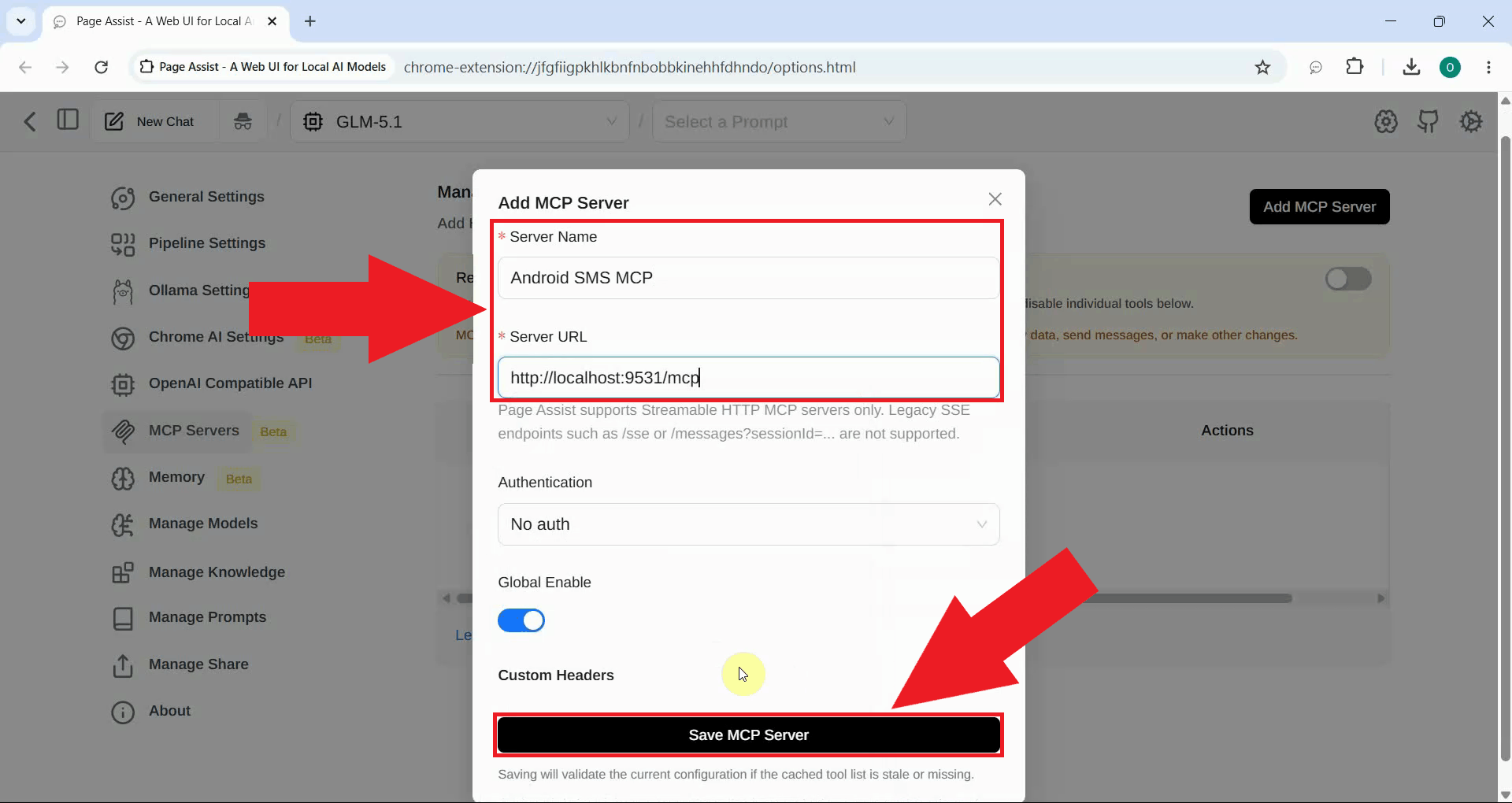 Configure Ozeki Android SMS MCP server