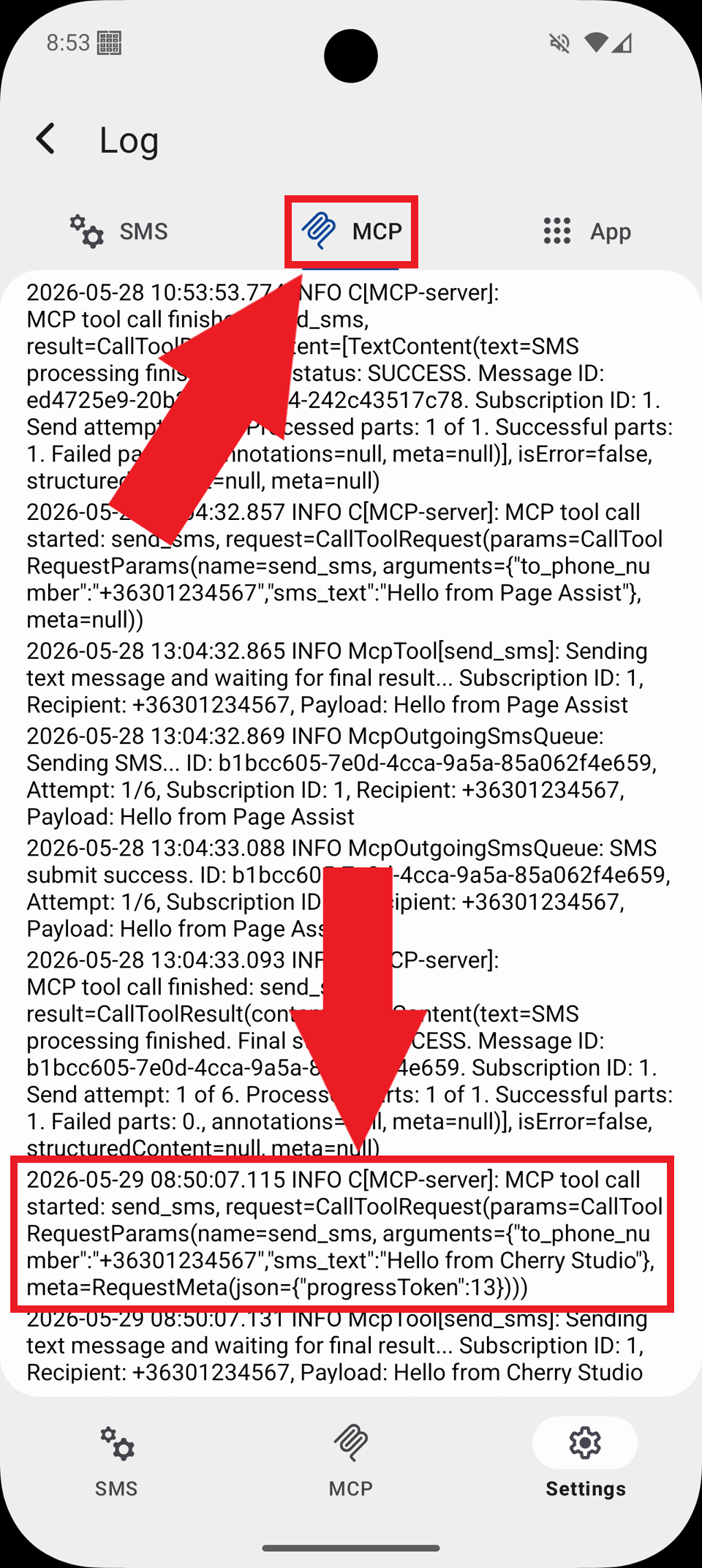 Select MCP tab and view logs