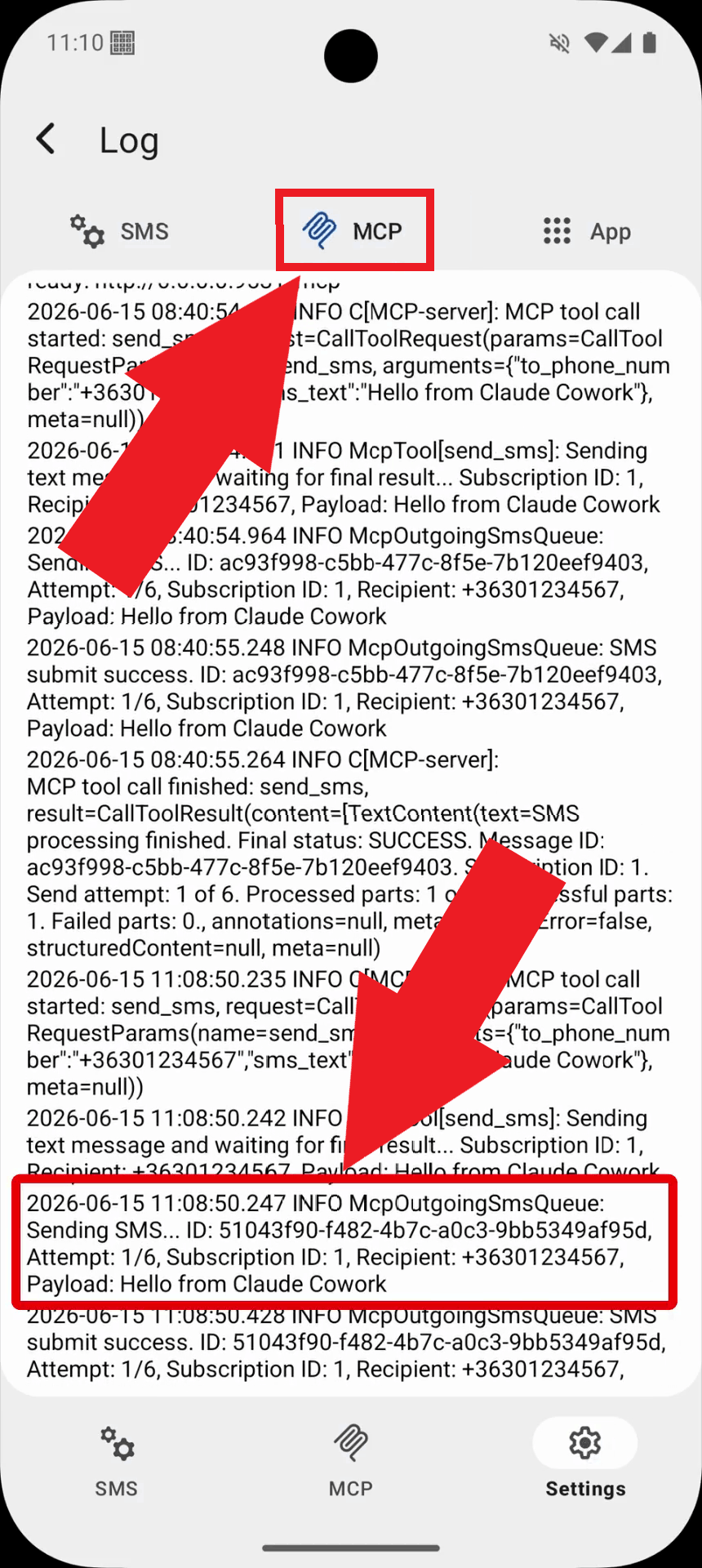 Select MCP tab and view logs