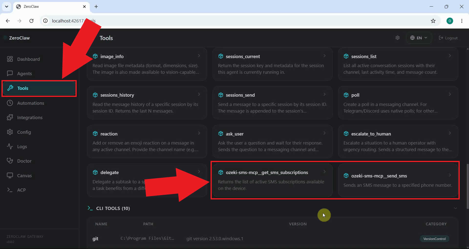 Navigate to Tools to view SMS MCP tools