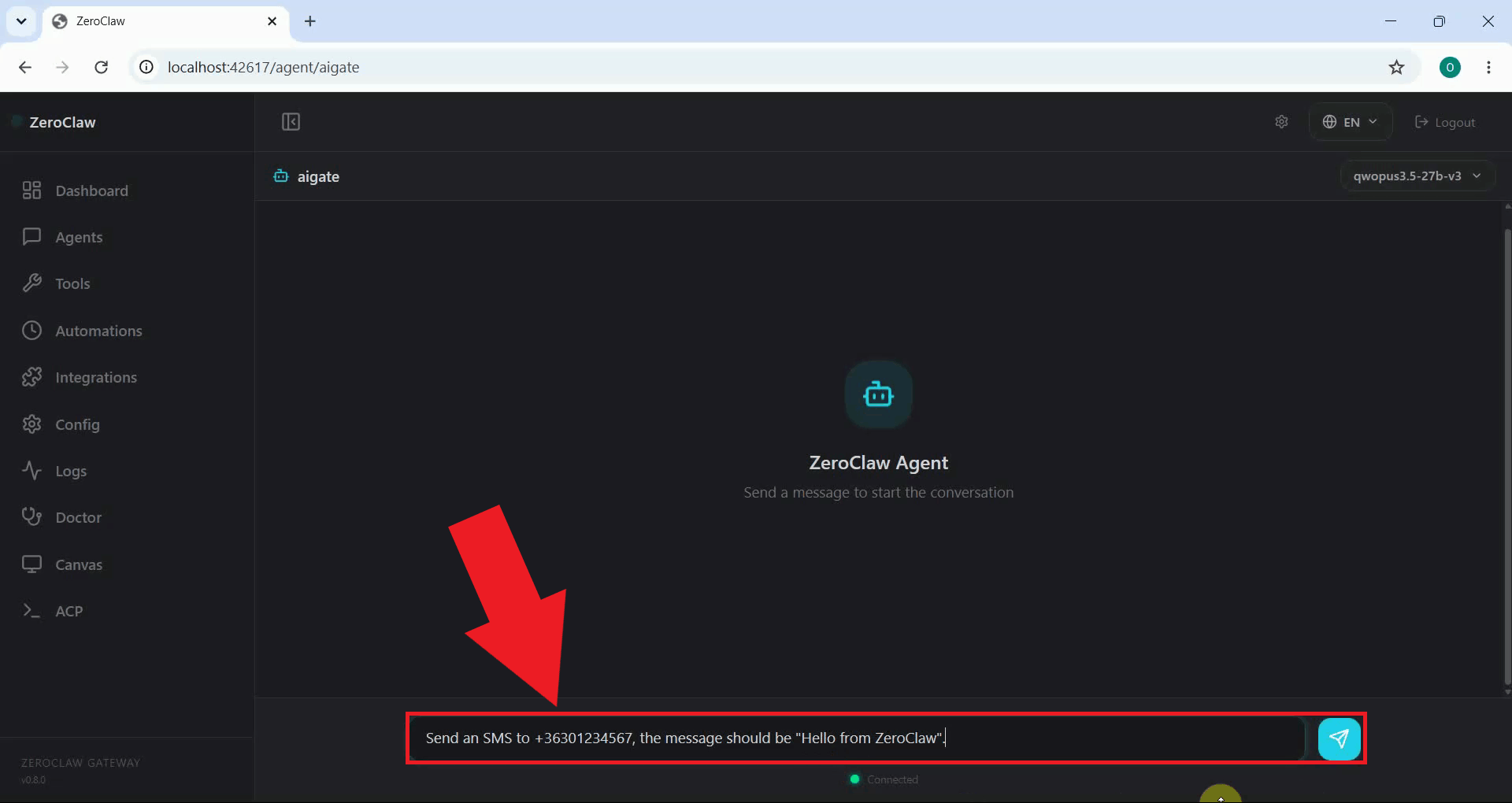Instruct agent to send an SMS