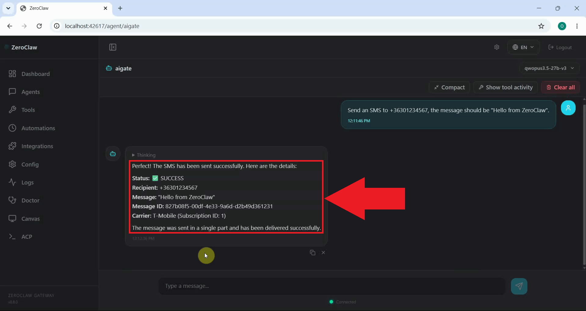 Send SMS tool result